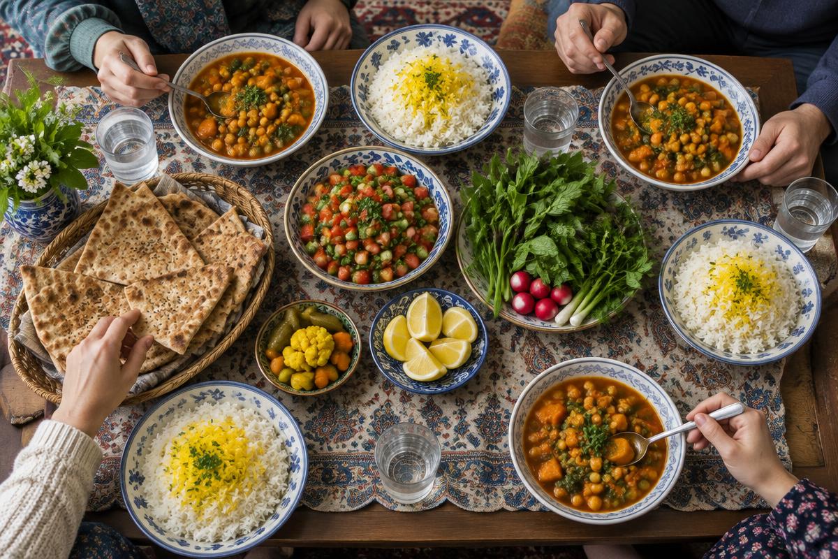 تصویر آموزشی وعدهٔ مشترک با خوراک نخود، برنج، نان و سالاد