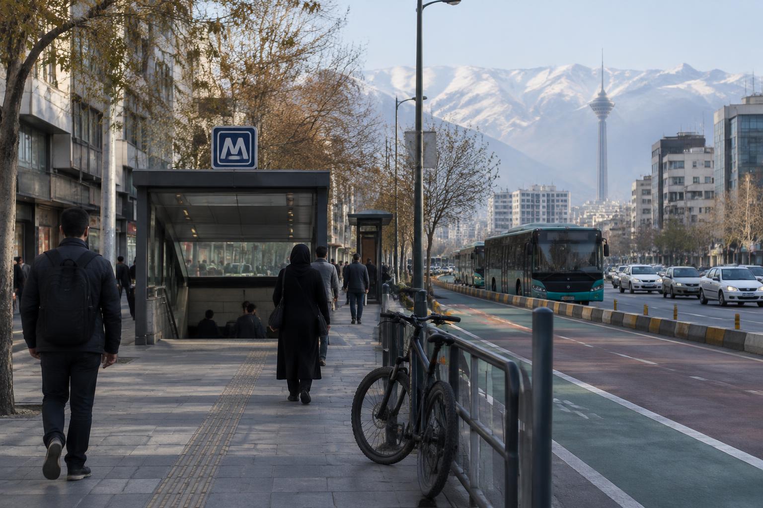 خیابانی در تهران با ورودی مترو، خط ویژهٔ اتوبوس، دوچرخه و عابران پیاده