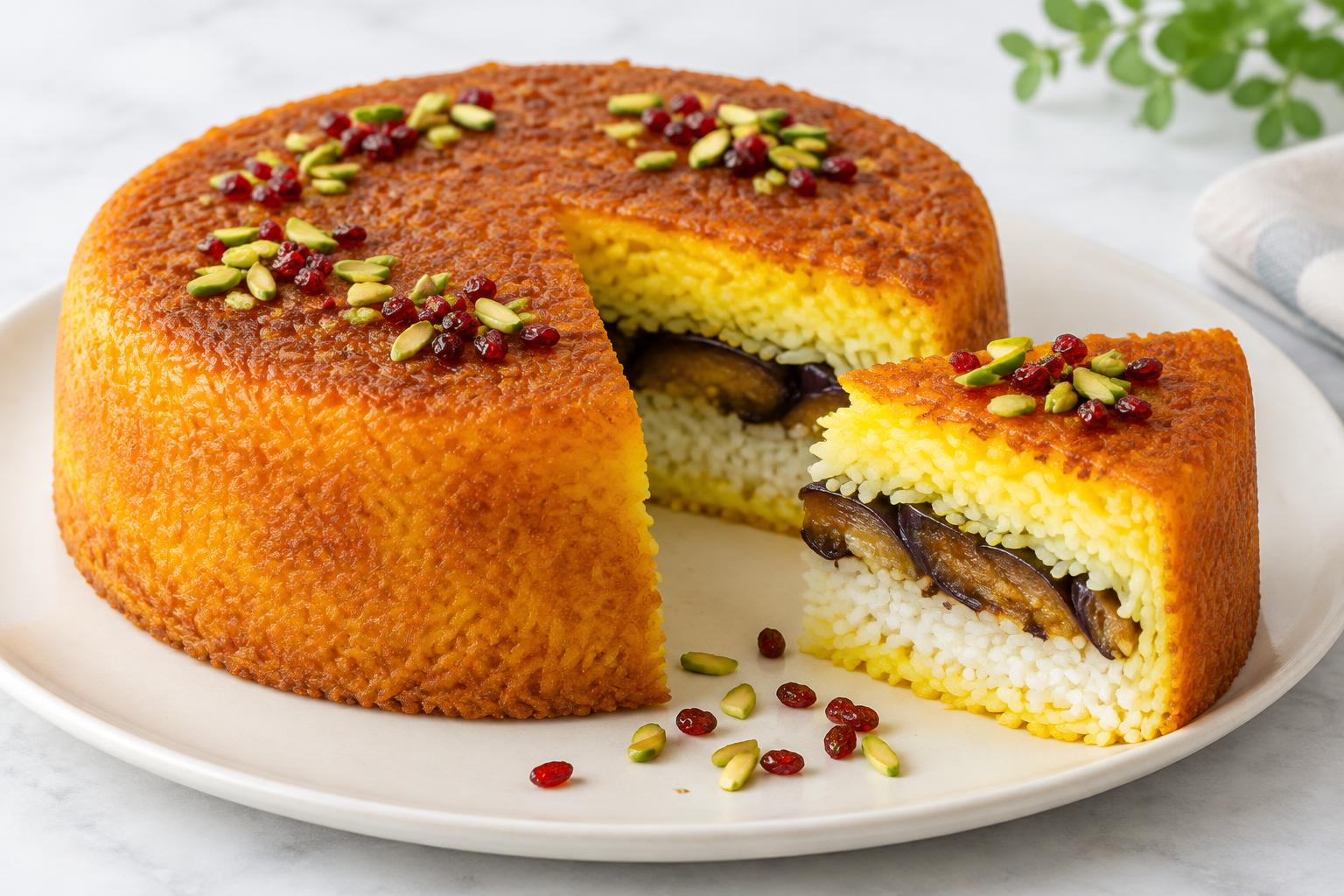 ته‌چین بادمجان وگن — دستور گیاهی با برنج